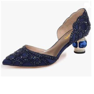 XYD Navy Pointed Toe D'Orsay Crystal Low Heels Rhinestone Studs Slip-On Pumps